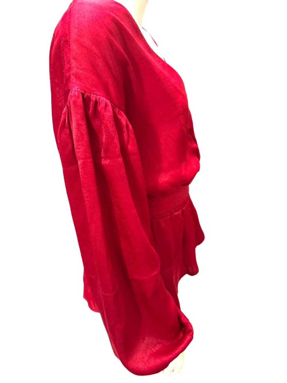 A Calin Size Sm Red Satin Wrap Blouse Peplum Balloon Sleeve Holiday Glamcore Top - Picture 5 of 10